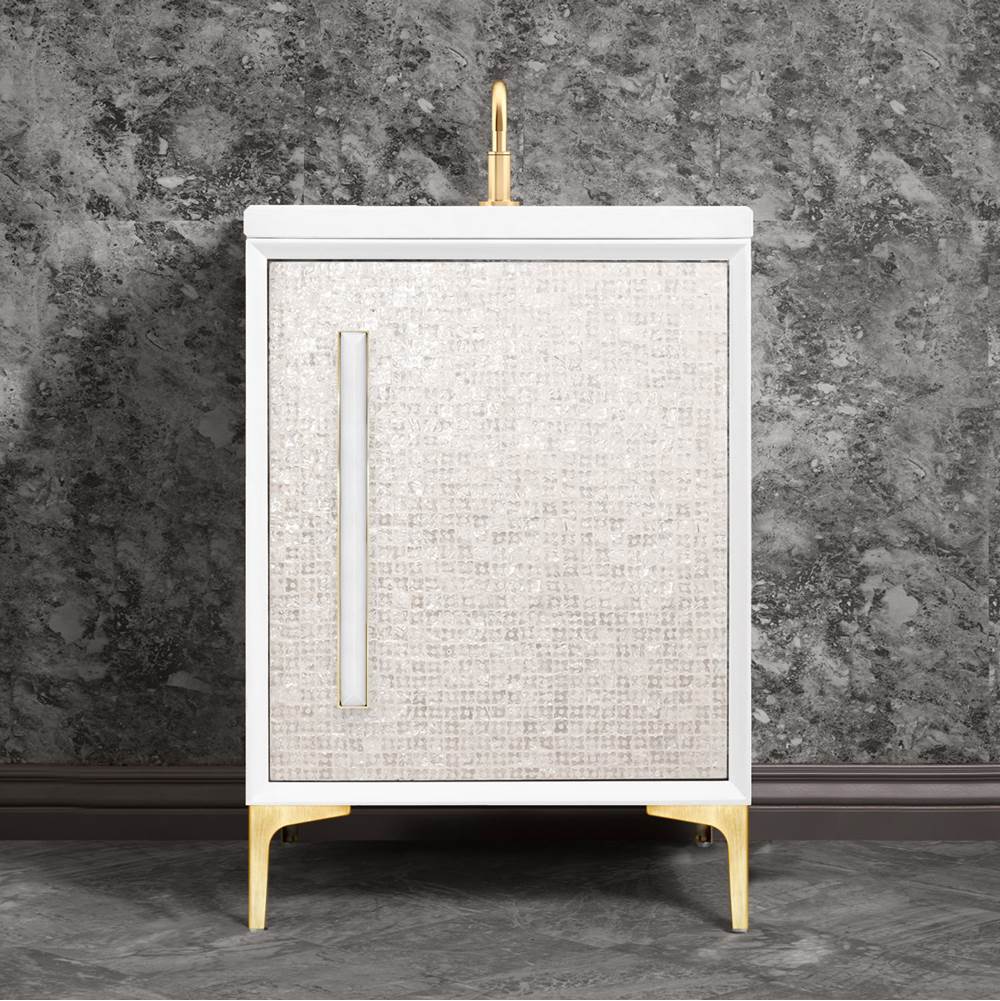 Linkasink MOTHER OF PEARL with 18'' Artisan Glass Prism Hardware 24'' Wide Vanity, White, Satin Brass Hardware, 24'' x 22'' x 33.5'' (without vanity top)