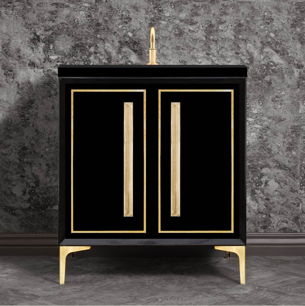 Linkasink LINEA with 18'' Artisan Glass Prism Hardware 30'' Wide Vanity, Black, Satin Brass Hardware, 30'' x 22'' x 33.5'' (without vanity top)