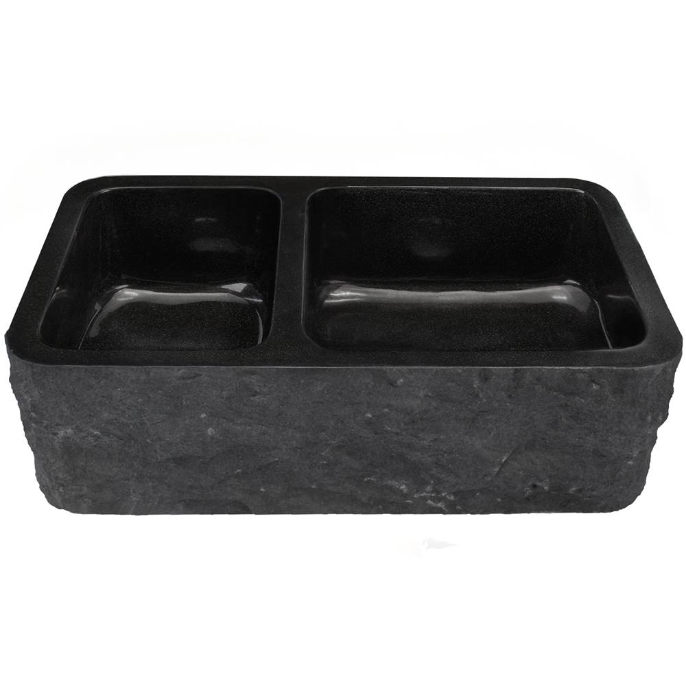 Novatto Reversible 60/40 Double Bowl Kitchen Sink in Black Granite with Natural Chiseled Apron