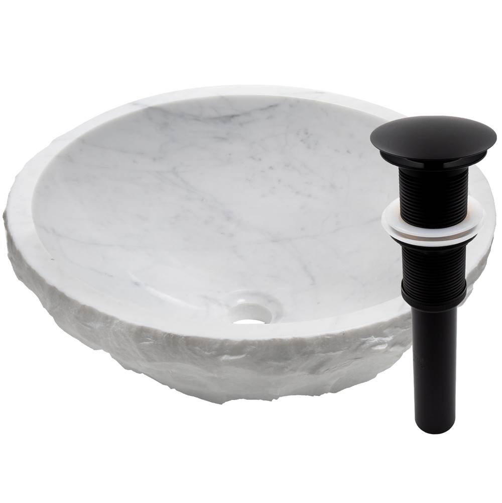 Novatto Natural Carrera Marble Stone Vessel Sink with Matte Black Drain and Sealer
