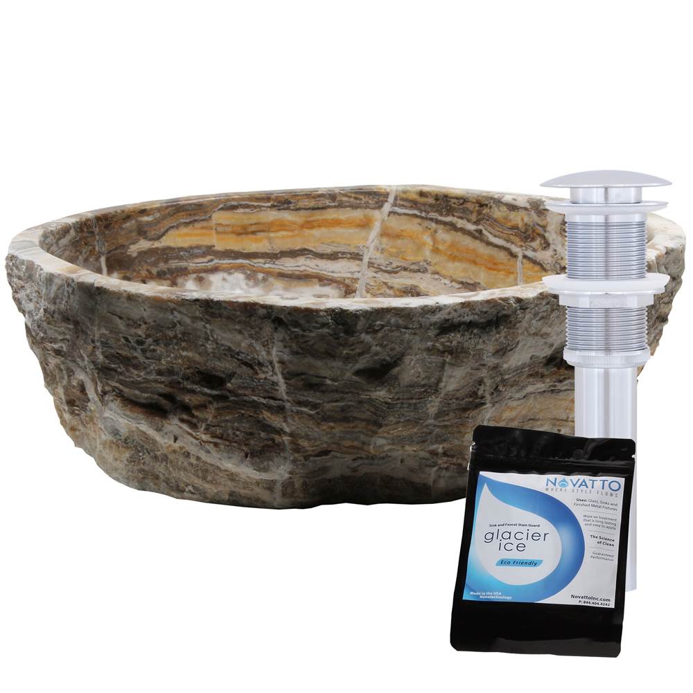 Novatto Travertine Onyx Natural Stone Vessel Sink, Chrome Drain and Sealer