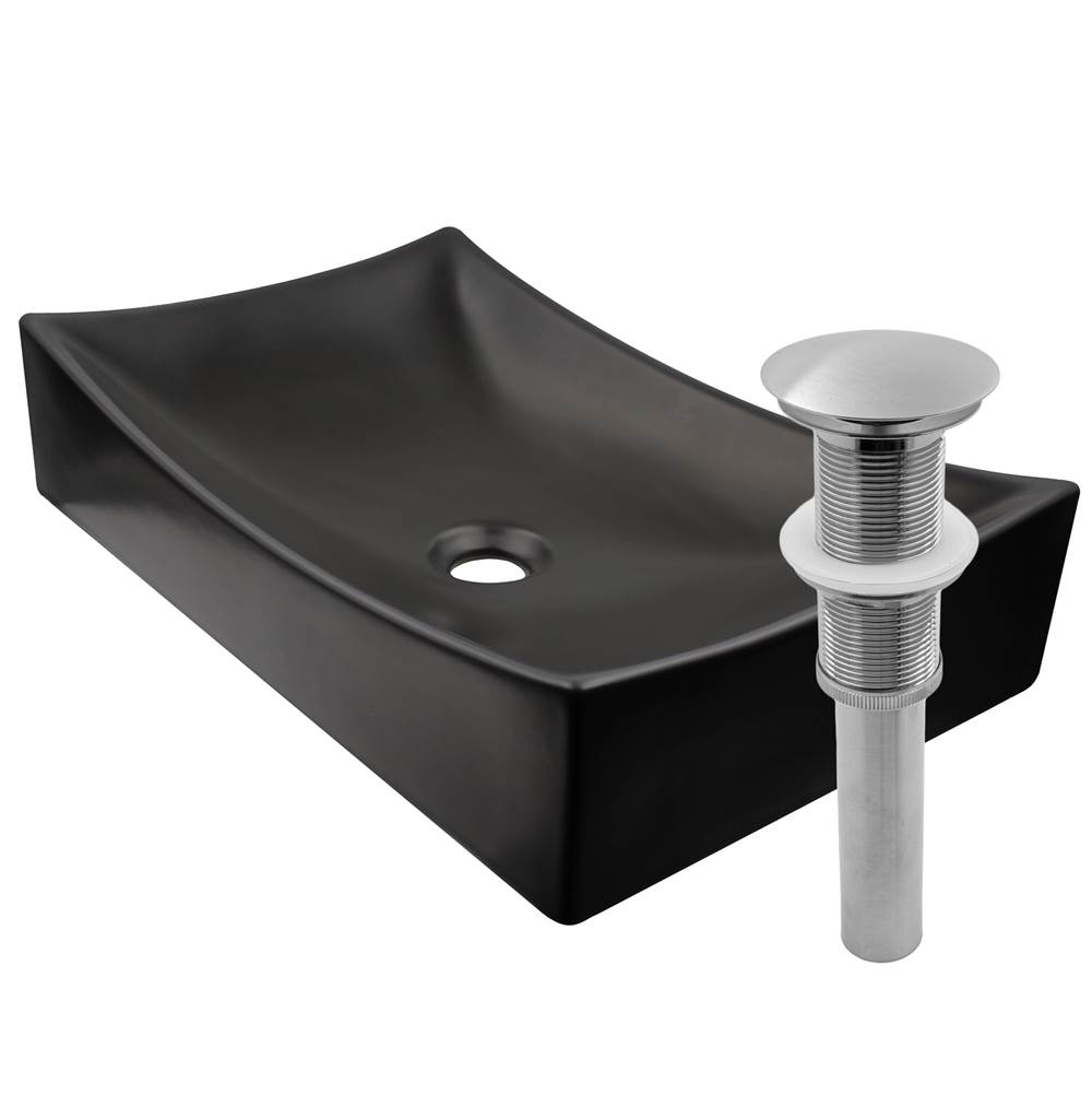 Novatto Modern Matte Black Porcelain Vessel Sink Set with Brushed Nickel Drain and Sealer