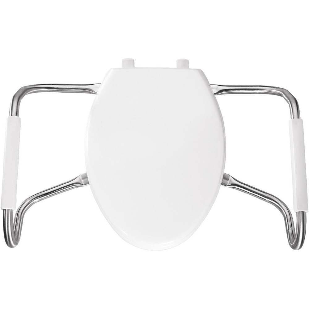 Bemis Elongated Plastic Open Front With Cover Medic-Aid Toilet Seat with STA-TITE, DuraGuard and Stainless Steel Safety Side Arms - White