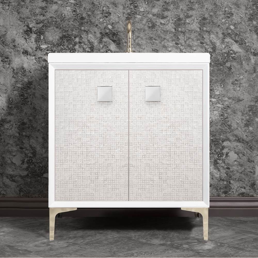 Linkasink MOTHER OF PEARL with 3'' Artisan Glass Prism Hardware 30'' Wide Vanity, White, Polished Nickel Hardware, 30'' x 22'' x 33.5'' (without vanity top)