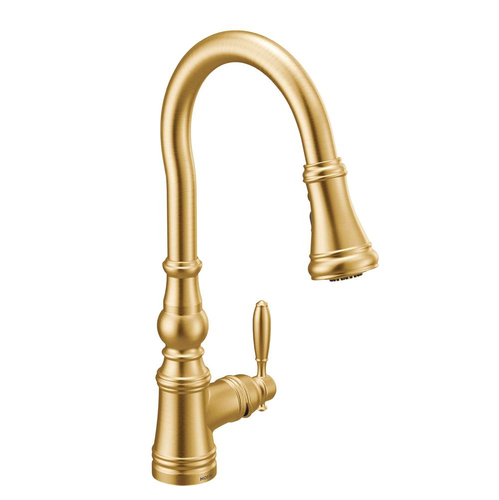 Moen Weymouth Shepherd''s Hook Pulldown Kitchen Faucet Featuring Metal Wand with Power Boost, Brushed Gold