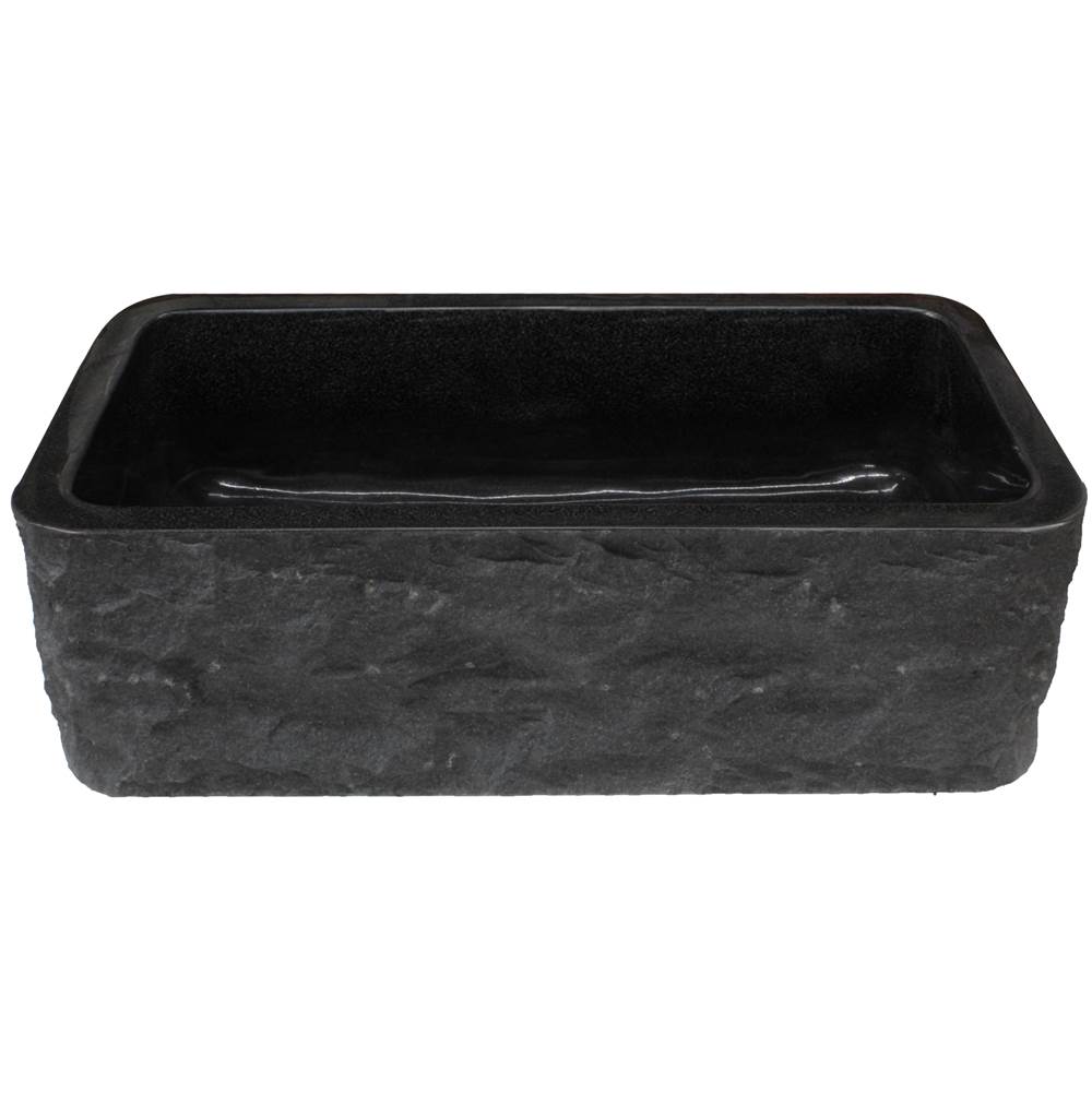 Novatto Single Bowl Kitchen Sink in Black Granite with Natural Chiseled Apron