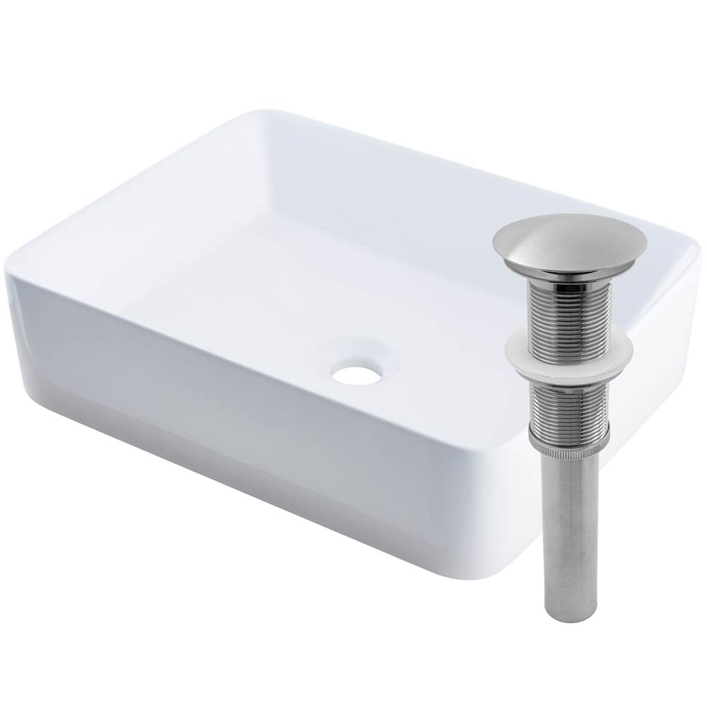 Novatto Rectangular White Porcelain Vessel Sink with Brushed Nickel Drain Set